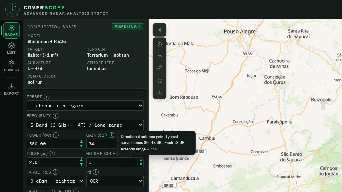 CoverScope screen: RF parameters with the Gain field hint open