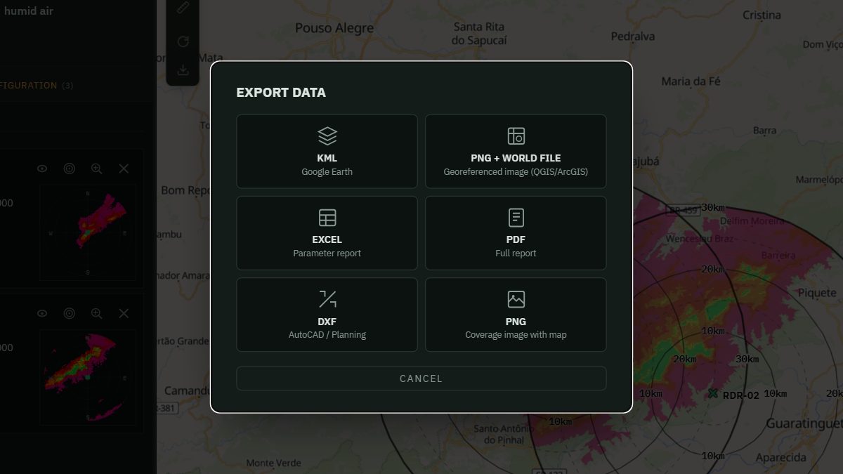 CoverScope screen: export window with KML, georeferenced PNG, Excel, PDF, DXF and PNG